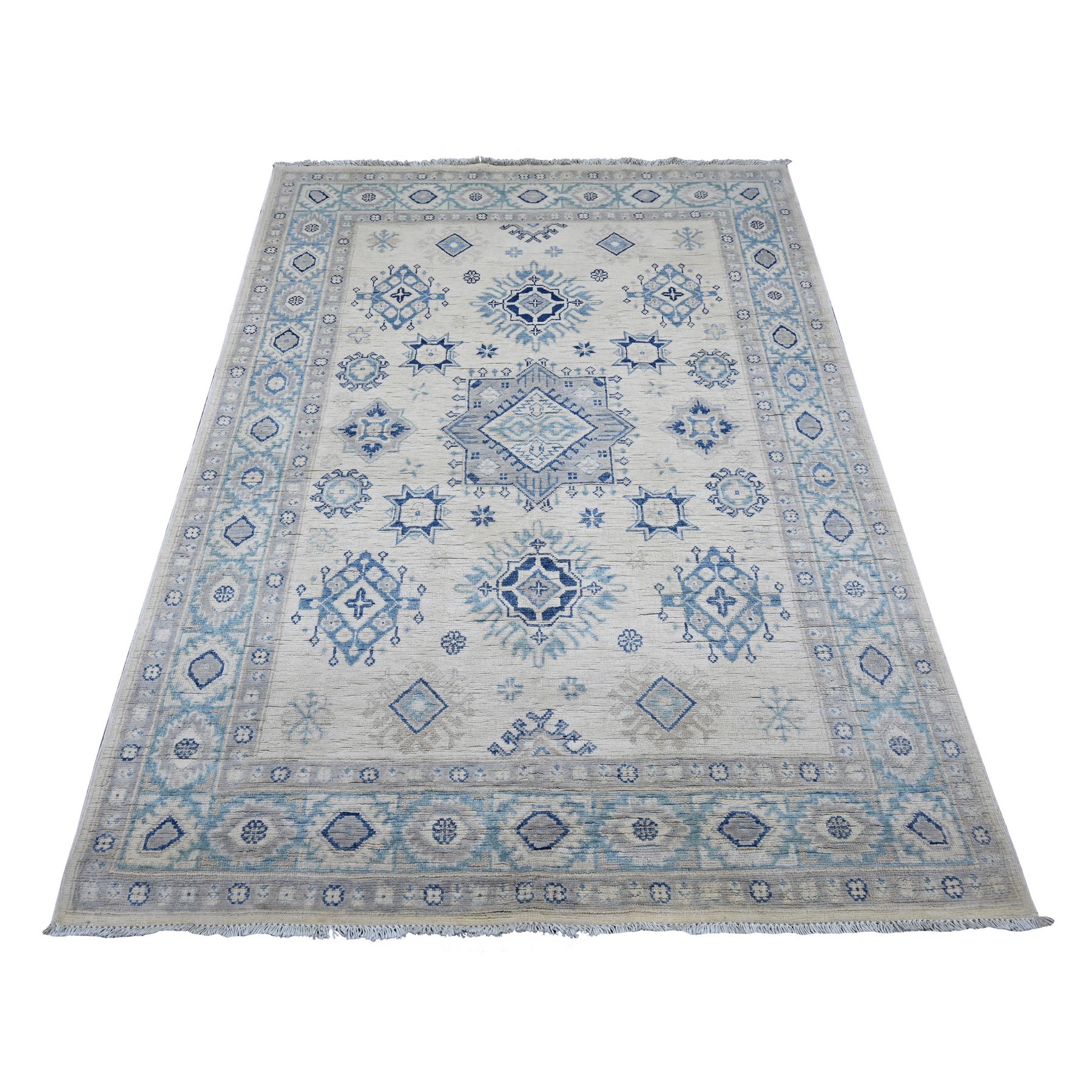 4'10"x6'7" Alabaster White, Vintage Look Kazak with All Over Geometric Motifs, Hand Knotted, 100% Wool, Natural Dyes, Oriental Rug 